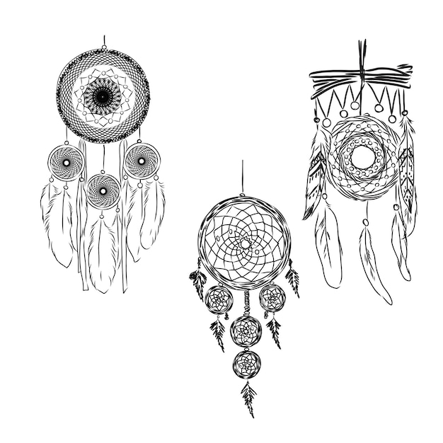 Vettore acchiappasogni etnico boho con piume simbolo indiano americano in illustrazione vettoriale stile schizzo