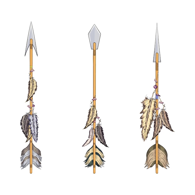 Vector ethnic boho set of arrows, feathers and flowers, native american tribe decoration print element, tribal navajo