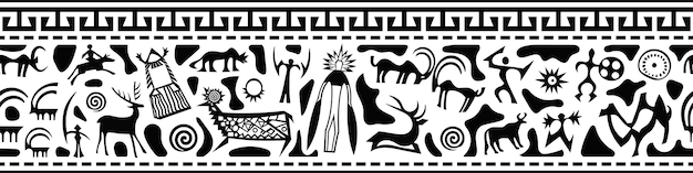 Ethnic border on the theme of rock paintings vector design seamless border