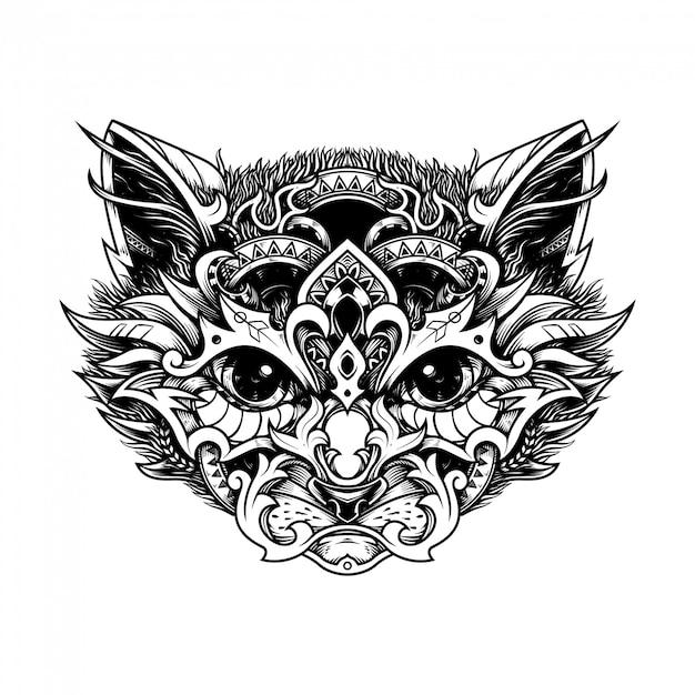 Vector ethnic cat head illustration and coloring book