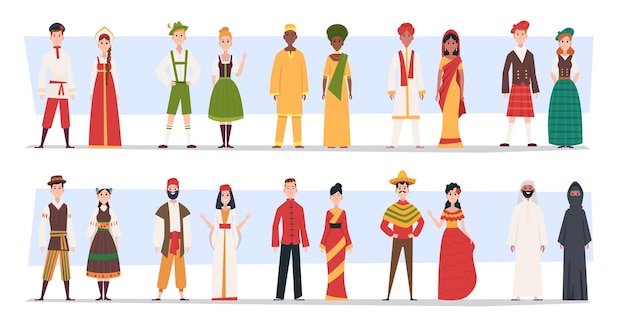 유럽 전통 민속 의상 러시아 벨로루시 폴란드 다른 국적 정확한 벡터 만화 캐릭터의 민족 옷 컬렉션