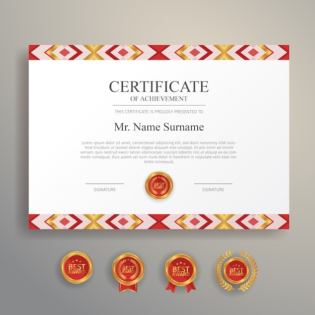 Ethnic design of certificate in red and gold color with gold badge and border