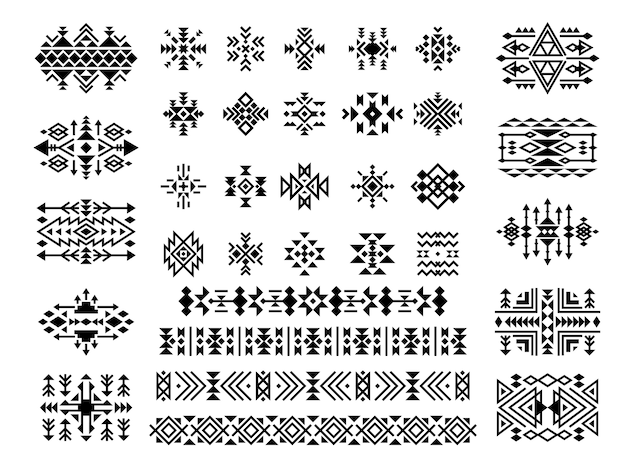 민족 요소. 아프리카 원주민 아즈텍 예술 문신 분배기 부족 삼각형 장식 모양 사진 모음. 일러스트 장식 민족, 아즈텍 기하학적 네이티브