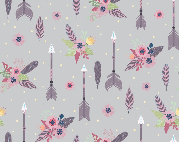 Ethnic feathers,arrows and flowers seamless pattern. Bohemian style. Vector illustration.