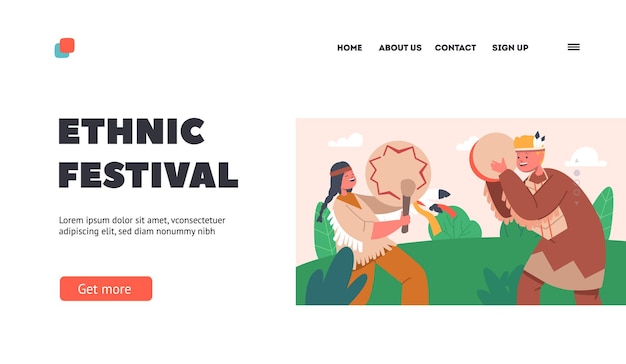 Ethnic Festival Landing Page Template Little Boy and Girl Playing Drums Kids Native Americans Wearing Ethnic Costumes