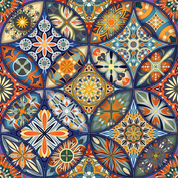 Ethnic floral mandala seamless pattern background.
