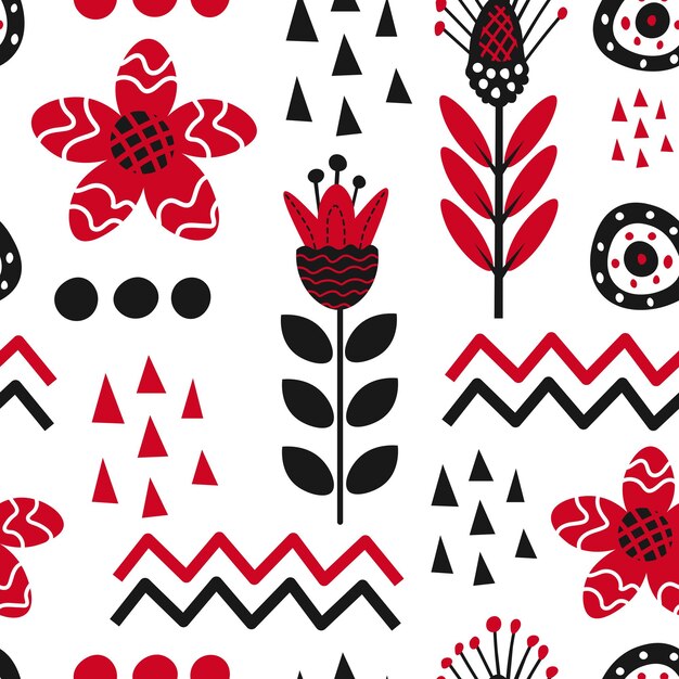 Premium Vector  Motif folk black, red floral ethnic seamless