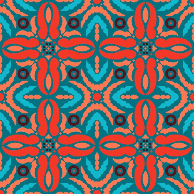 Ethnic geometric pattern with floral motifs in aqua and coral colors Boho style For wallpaper printing on fabric wrapping background