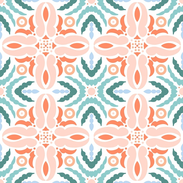 아쿠아 및 산호 색상의 꽃 모티브가 있는 민족 기하학적 패턴 Boho 스타일 패브릭 포장 배경에 벽지 인쇄용