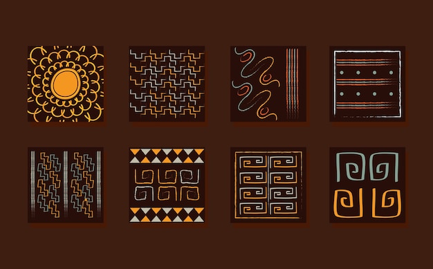 Ethnic handmade ornament tribal ancient textile texture layout set icons illustration