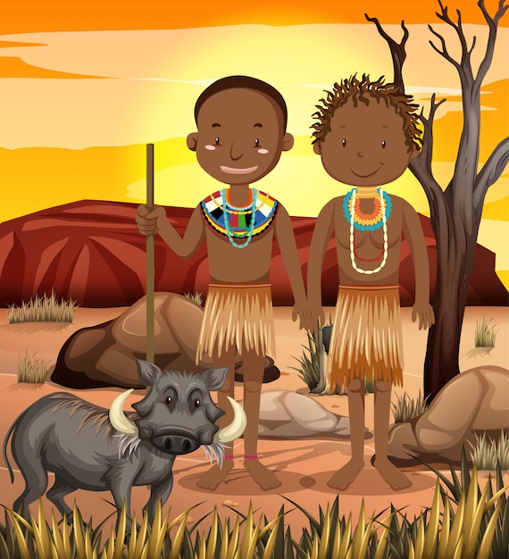 벡터 자연의 전통 의상을 입은 아프리카 부족의 민족