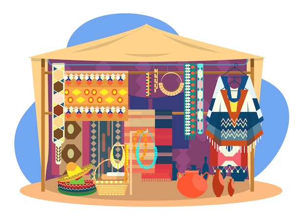 Vector ethnic souvenir street shop mexican street store with carpets mats ponchos sombrero hats