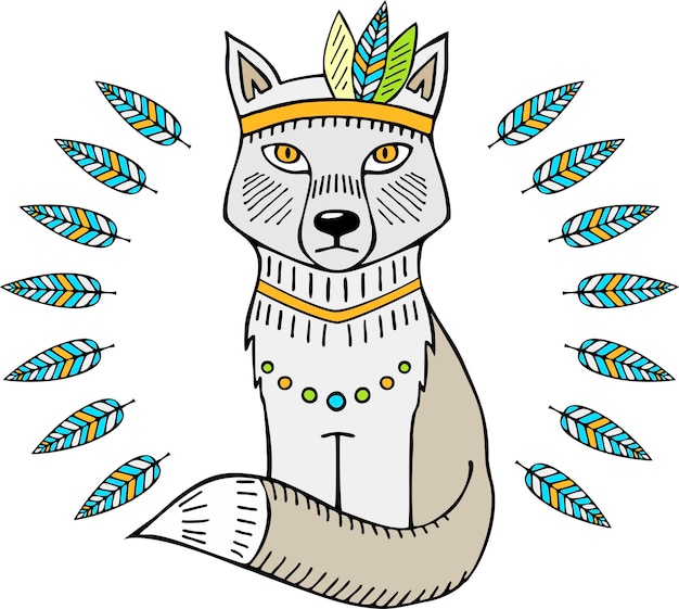 Vector ethnic totem of a wolf. indian wolf, aztec style. hand drawn animal illustration