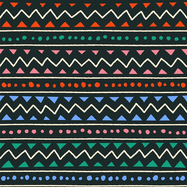 Ethnic tribal geometric folk indian scandinavian gypsy mexican boho african ornament texture seamless pattern zigzag dot line horizontal stripes color print textiles background vector illustration