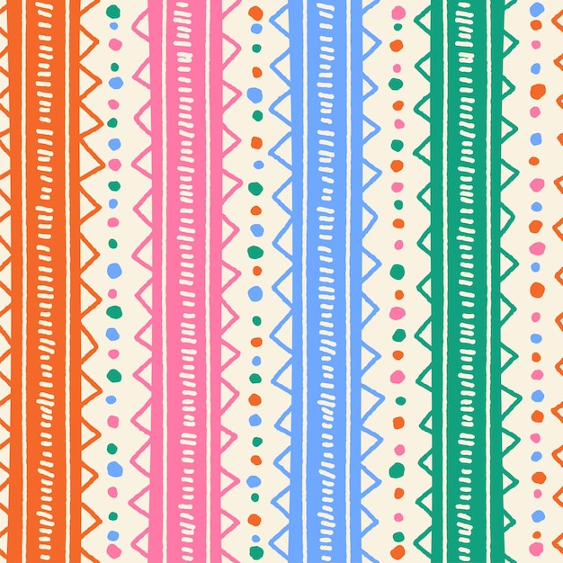 Ethnic tribal geometric folk indian scandinavian gypsy mexican boho african ornament texture seamless pattern zigzag dot line vertical stripes color print textiles background vector illustration