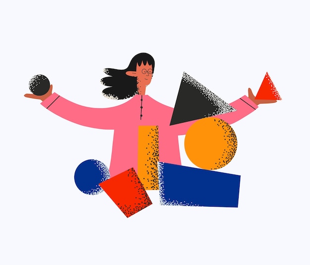 Vector ethnic woman collects pieces of geometric shapes