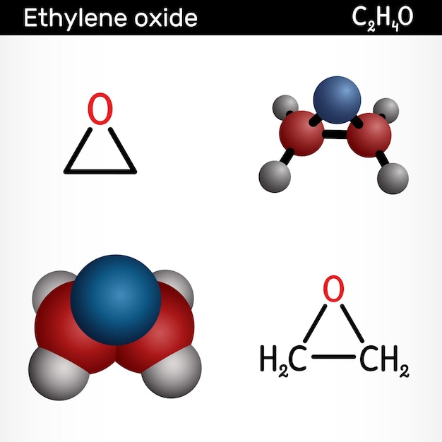 Vector ethylene oxide oxirane c2h4o molecule structural chemical formula and molecule model