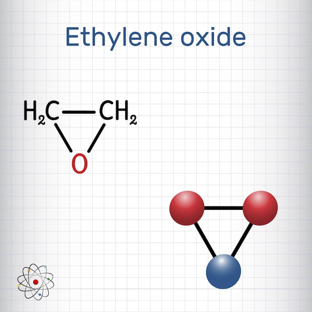 Vector ethylene oxide oxirane c2h4o molecule structural formula molecule model sheet of paper in a cage