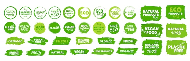 Etiketten en emblemen biologisch, natuurlijk, gezond voedsel, vers en vegetarisch voedsel