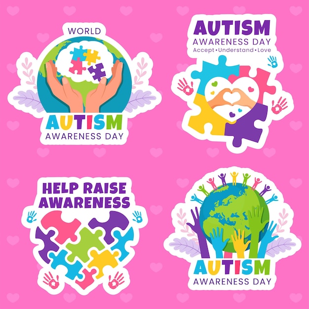 Etiqueta do Dia da Conscientização do Autismo Desenho Plano Modelos Desenhados à Mão Ilustração de Fundo