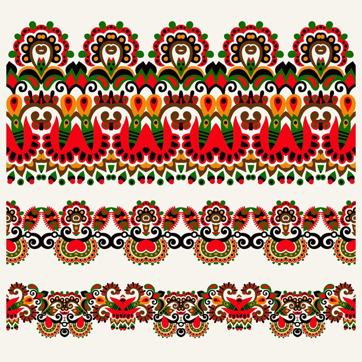 Etnisch bloemenpaisley streeppatroon, grensset, Oekraïens stamornament voor print- of borduurlint, of voor het ontwerp van polygrafie of web
