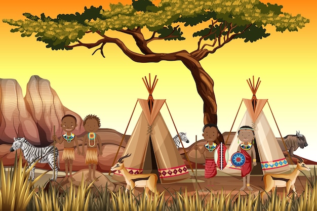 Etnische mensen van afrikaanse stammen in traditionele kleding in de natuur