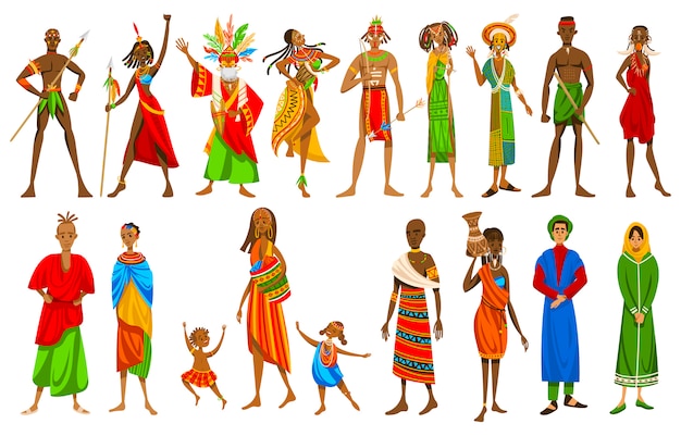 Vector etnische mensen van afrikaanse stammen in traditionele kleding, set stripfiguren, illustratie