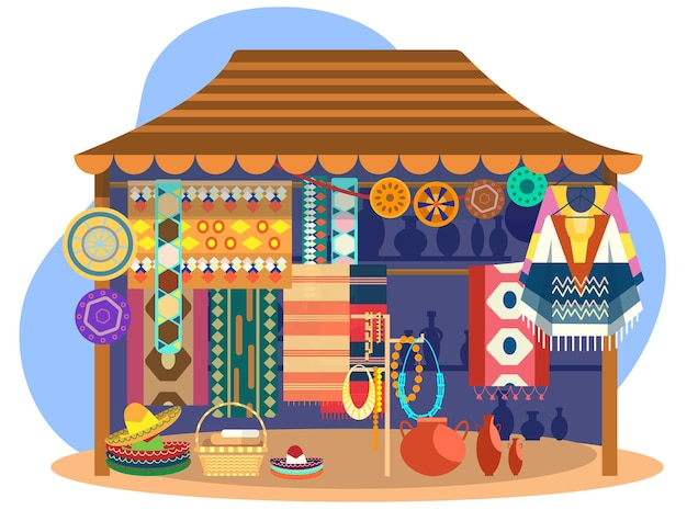 Etnische souvenirwinkel op straat Mexicaanse straatwinkel met tapijten ponchos sombrero hoeden aardewerk