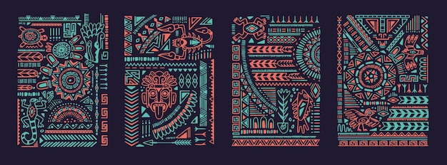 Etnische stamposters set Oude Aztec stam muurkunst Mexicaanse kaarten verticale decoraties met Navajo vormen lijnen traditionele symbolen Maya elementen Platte vector illustraties in boho stijl