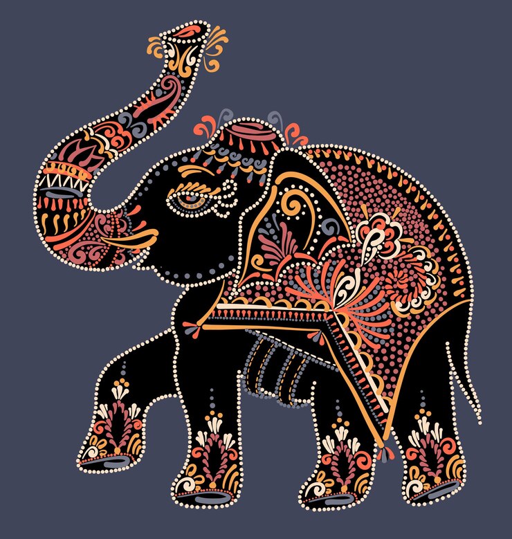 Etnische volkskunst Indische olifant, vector dot schilderij illustratie