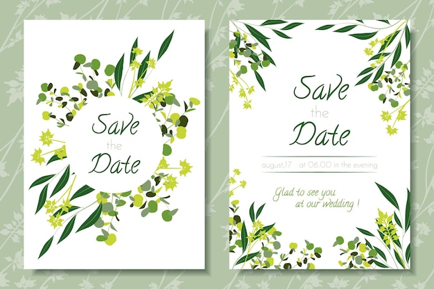 결혼식 메뉴 및 RSVP 카드 컬렉션의 유칼립투스 테두리
