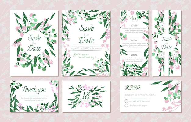 Eucalyptus borders in wedding menu and rsvp cards collection