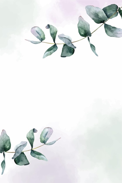 ユーカリの緑の葉と水彩の斑点のフレーム。結婚式の招待状の背景