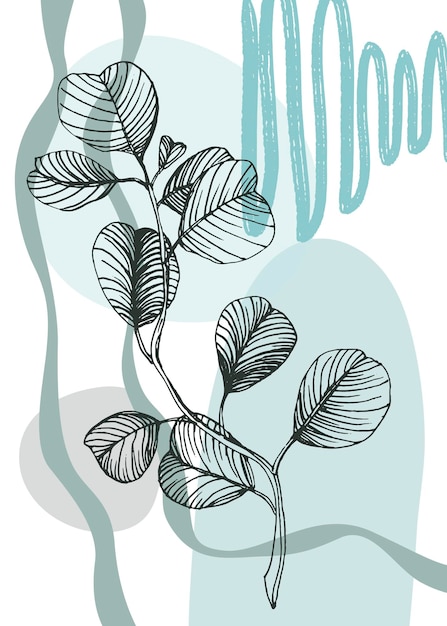 Eucalyptus hand painted illustrations for wall decoration minimalist flower in sketch style