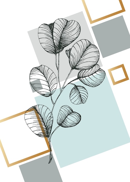 Eucalyptus hand painted illustrations for wall decoration minimalist flower in sketch style