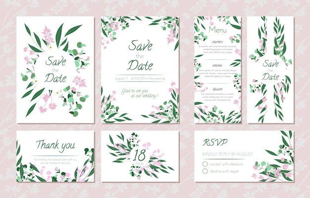 Eucalyptus leaves and flowers in rustic wedding invitation set