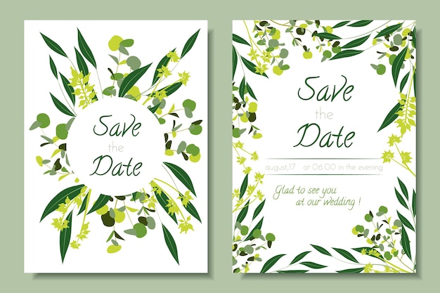 Eucalyptus leaves and flowers in rustic wedding invitation set