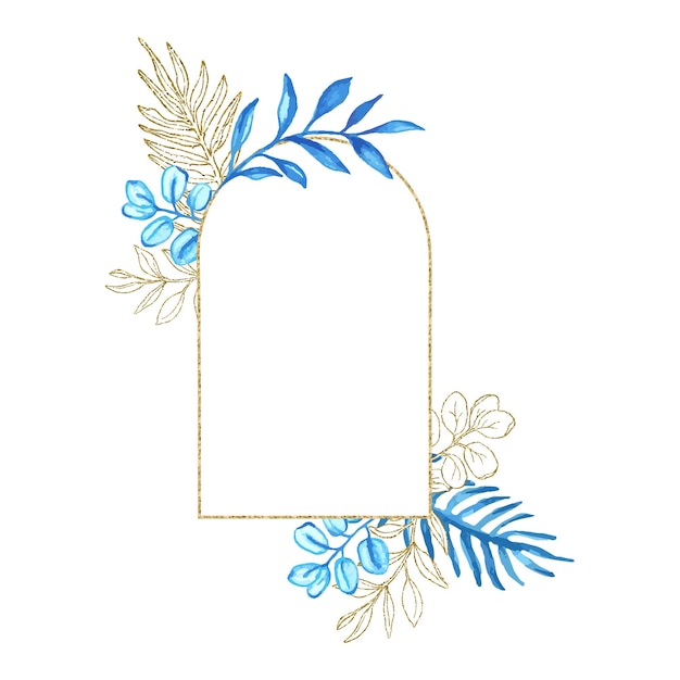 Eucalyptus line art gold glitter and blue watercolor leaves boho frame for card or invitation vector illustration isolate on white background