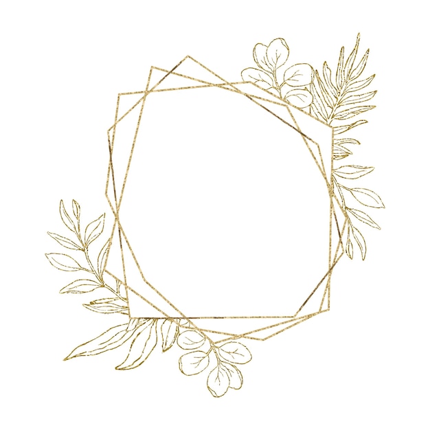 Eucalyptus line art gold glitter geometry leaves frame for card or invitation vector illustration isolate on white background