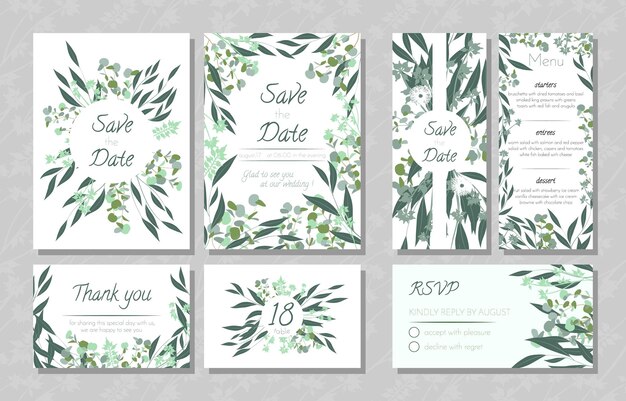 Eucalyptus wedding cards collection with floral border