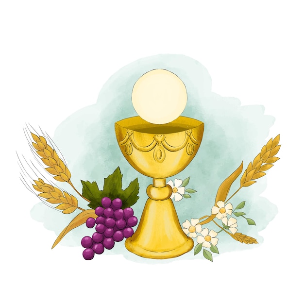 Vettore simboli eucaristici del pane e del calice del vino e dell'ostia con spighe di grano e vite d'uva
