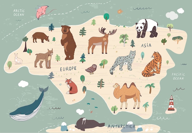 Eurasia asian and european animals vector illustrations set continent