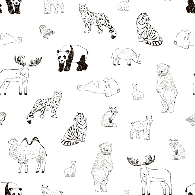 Eurasia asian and european animals vector line seamless pattern