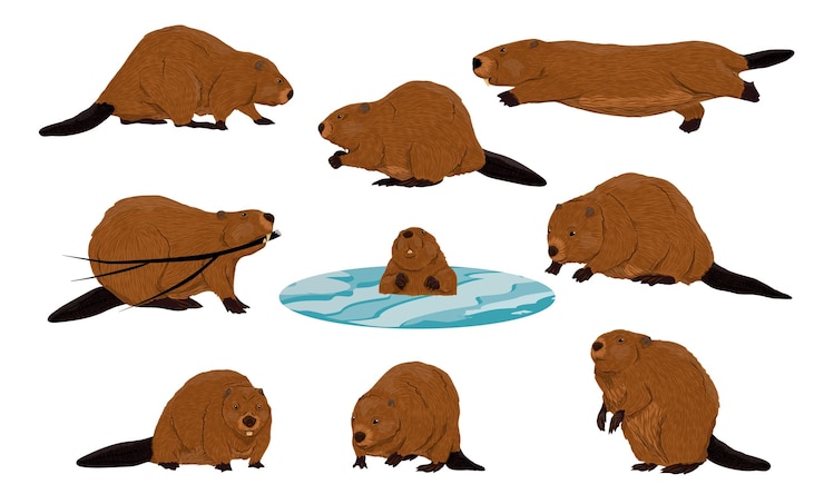 Vector eurasian beaver set realistic castor fiber beavers walk sit and swim underwater vector animals