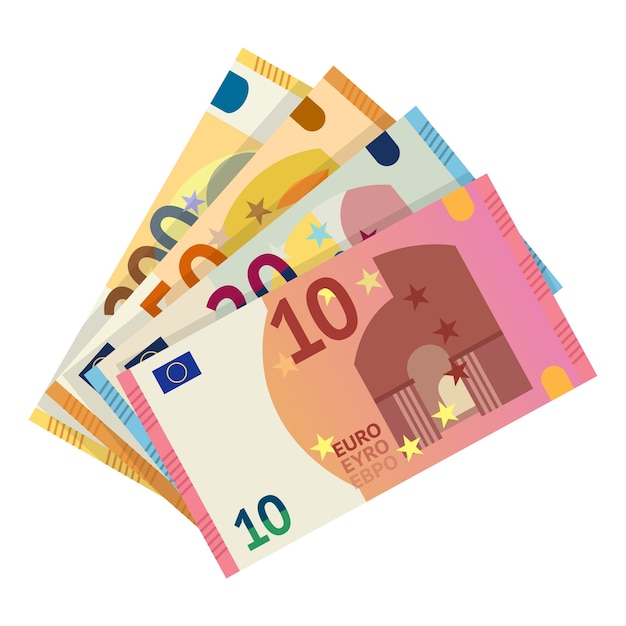 Vector euro bankbiljetten illustratie. europese geldmunt, papieren bankbiljetten clipart op witte achtergrond. tien, twintig, vijftig euro cash-elementen. kapitaal, wisselgeld, betaling