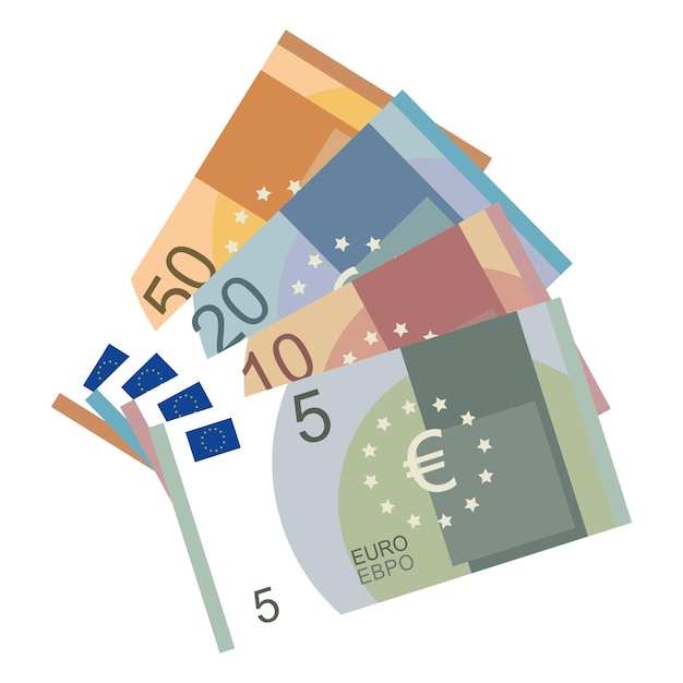 Vettore set di banconote in euro cinque dieci venti e cinquanta euro illustrazione vettoriale