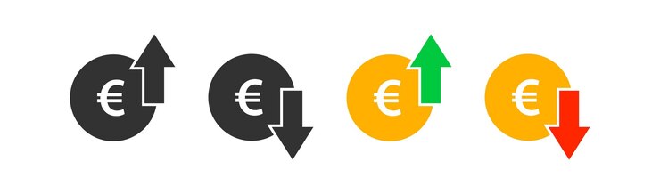 ユーロコイングラフ上下 貨幣コスト矢印 成長減少 貨幣投資 市場価格 金融交換 ベクトルイラスト