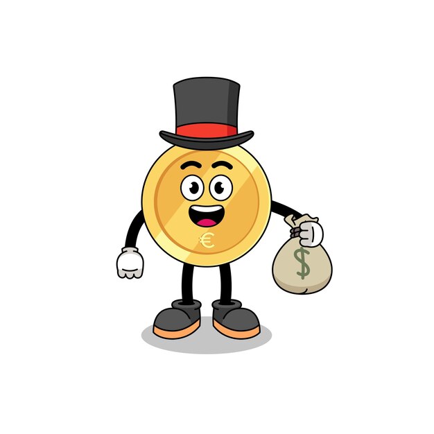 Euro coin mascot illustration rich man holding a money sack character design