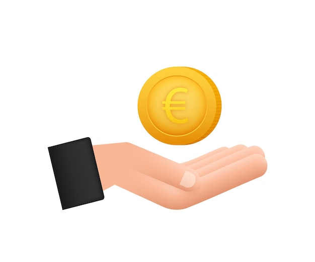Euro coin with hand, great design for any purposes. flat style vector illustration. currency icon.