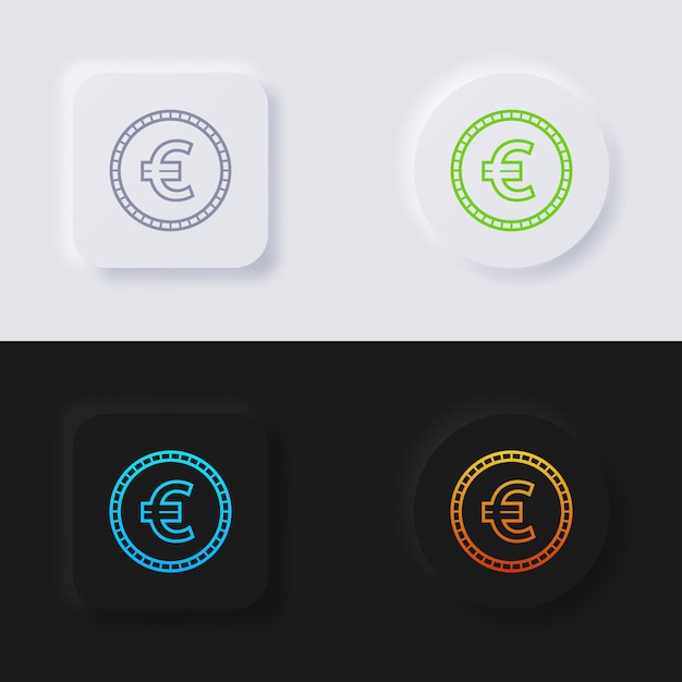 유로 통화 기호 동전 아이콘 세트, 웹 디자인을 위한 다중 색상 뉴모피즘 버튼 소프트 UI 디자인.